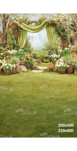 Tło fotograficzne „Wiosenna zielona altana z narcyzami i leśną ścieżką” | E693